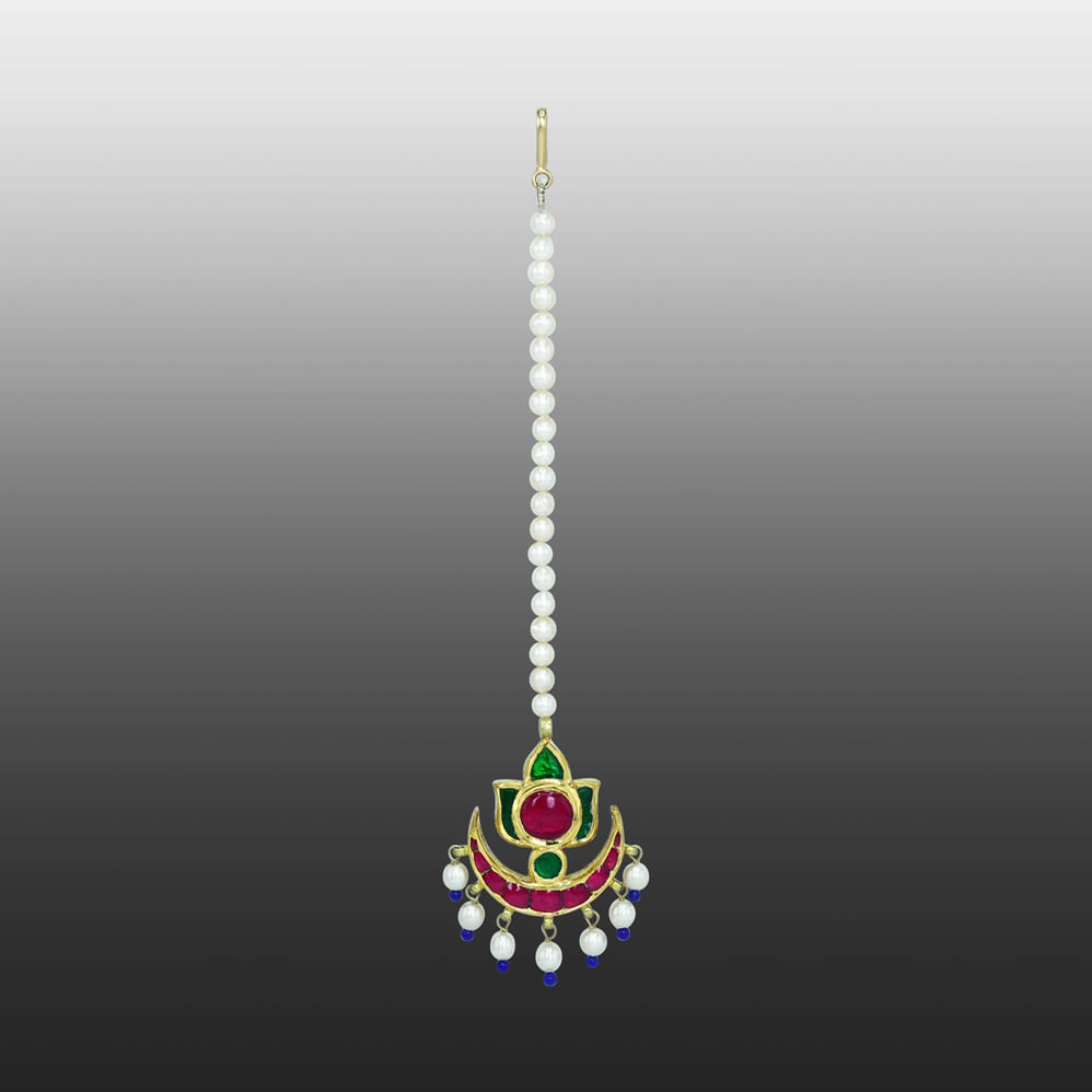 Crescent Cabochon Mangtikka with Red-Green Stones and Pearls